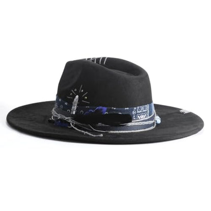 Wide Brim Fedora Hat for Men Women Retro Western Felt Hats - color: Jetblack