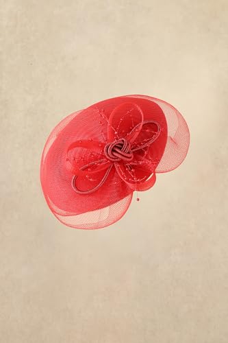 BABEYOND Fascinators Hats for Women Tulle Pillbox Knot Bead Tea Party Hat - color: Red