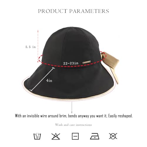 Wide Brim Hats for Woman Foldable Hats Sun Hats for Women uv Protection Bowknot Bucket hat Adjustable hat with Ponytail Hole - color: Black