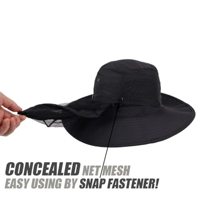 USHAKE Head Net Hat, Safari Hat Sun Hat Bucket Hat with Hidden Net Mesh - color: Black
