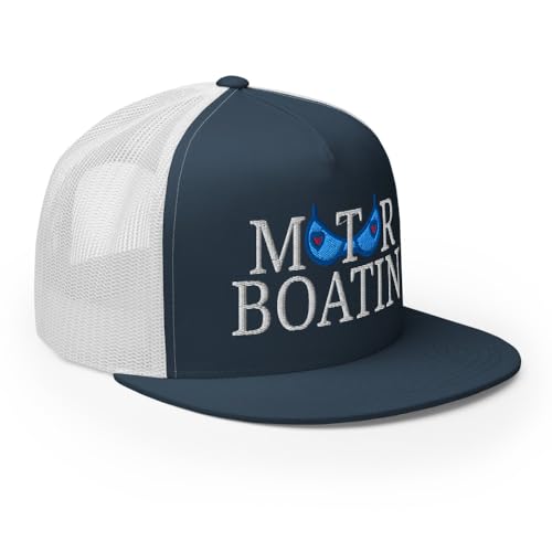 NX Motor Boatin Embroidered Flat Bill Trucker Hat High Crown Snapback Cap - color: Navy/ White