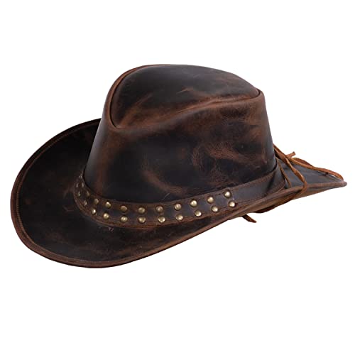Outback Trading Unisex Adult's Hemlock Leather Durable Brown Cowboy Hat with Chin Cord, Wire Brim & Double Studded Hatband - size: Medium