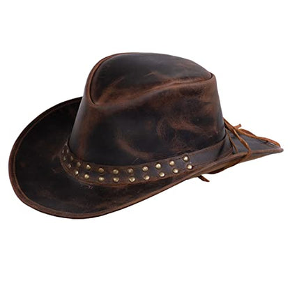 Outback Trading Unisex Adult's Hemlock Leather Durable Brown Cowboy Hat with Chin Cord, Wire Brim & Double Studded Hatband - size: Medium