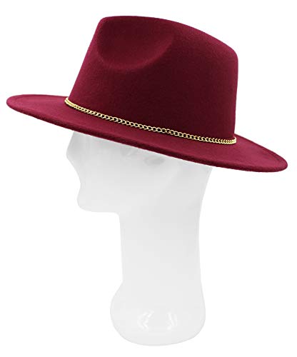 Premium 3" Wide Brim Solid Color Felt Gold Chain Fedora Panama Hat - color: Burgundy