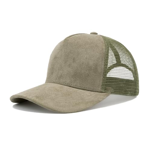 TopTie Suede Mesh Baseball Cap, Breathable Snapback Trucker Cap, 5-Panel Unisex Adjustable Sports Hat for Outdoor - color: Olive Green