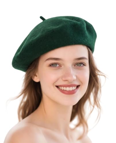 Wool French Beret Hats for Women Classic Winter Beanie Cap - color: Forest Green