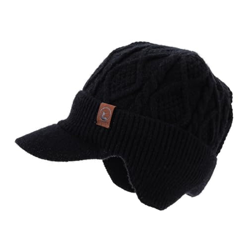 Winter Beanie with Brim Thick Fleece Knit Hat Short Brim Newsboy Hats Warm Earflaps Slouchy Skull Ski Caps - color: Mg-hem25107-black
