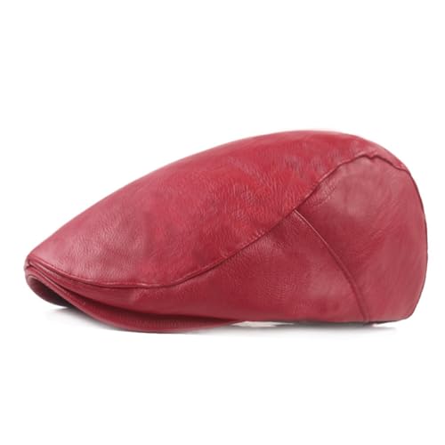 Men's Flat Cap PU Leather Newsboy Cap Classic Ivy Cap Adjustable Cabbie Beret Cap Driving Hunting Hat - color: Red