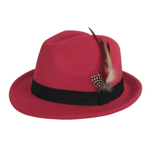 PURFUN Vintage Feather Felt Fedora Hat for Men Women Classic Short Brim Jazz Dance Party Wedding Trilby Bowler Panama Hat - color: Feather/Red