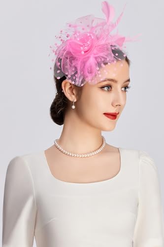 BABEYOND Fascinators Hats for Women Tea Party Flower Tulle Bead Derby Hat - color: Pink