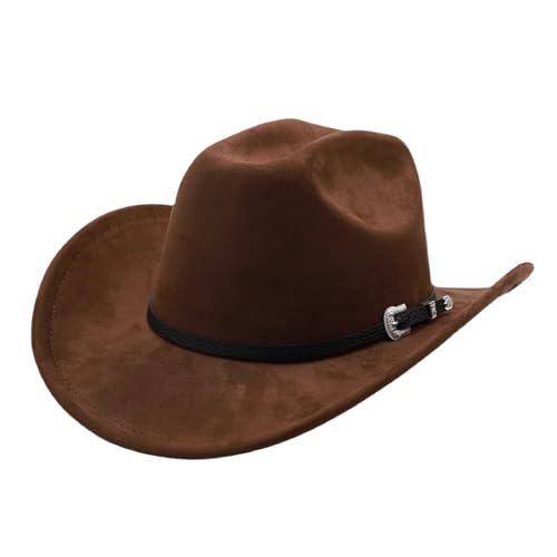 Western Cowboy Hat for Men Cowgirl Hat for Women Unisex Wide Brim Felt Fedora Hats Classic Flat Top Hats with Buckle Belt - color: A-coffee