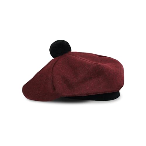Scottish Tam O’ Shanter Hat Tartan Bonnet Pom Pom Wool Flat Cap One Size - color: Burgundy