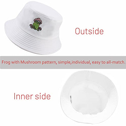 Cotton Bucket Hat for Women Men Summer Travel Sun Beach Bucket Cap, Unisex Outdoor Fisherman Hat - color: Frog With Mushroom White