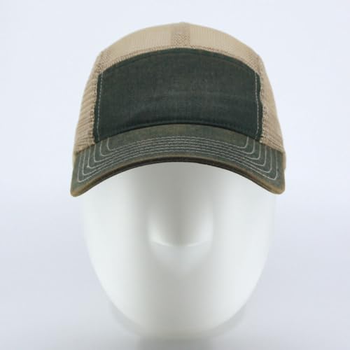 Washed Cotton Twill Five Panel Adjustable Camper Caps - color: Dirty Wash Dark Green/Khaki Mesh