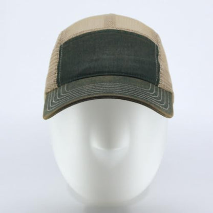 Washed Cotton Twill Five Panel Adjustable Camper Caps - color: Dirty Wash Dark Green/Khaki Mesh