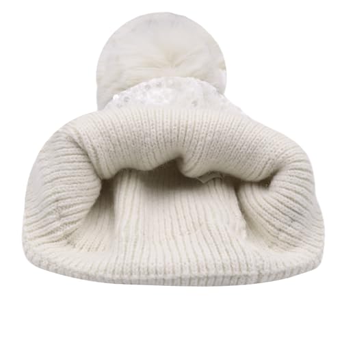 Women Sparkly Sequins Knitted Beanie Hat Warm Winter Skull Cap with Faux Fur Pom Pom - color: X Ceamy White With Knit Cuffs