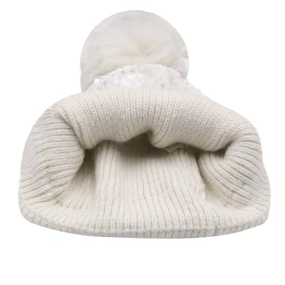 Women Sparkly Sequins Knitted Beanie Hat Warm Winter Skull Cap with Faux Fur Pom Pom - color: X Ceamy White With Knit Cuffs