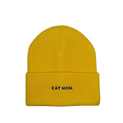 Cat Mom Cat Dad Beanie Collection – Jacquard Pom Pom Hats & Double-Layer Embroidered Beanies for Pet Lovers - color: Cat Mom Embroidery Yellow Hat