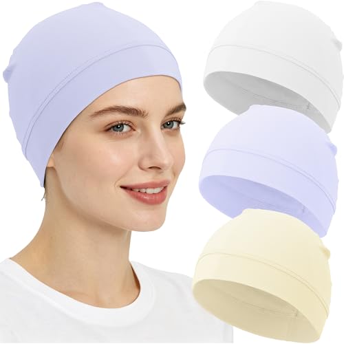 3-Pack 100% Cotton Skull Cap for Men Women Helmet Liner Caps - color: 3pcs-white,purple,beige