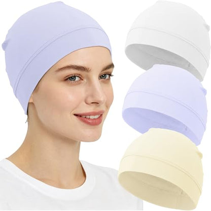 3-Pack 100% Cotton Skull Cap for Men Women Helmet Liner Caps - color: 3pcs-white,purple,beige