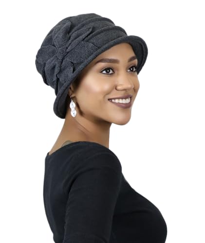 Fleece Flower Cloche Hat for Women Chemo Cancer Ladies Headwear 50+ UPF - color: Grey