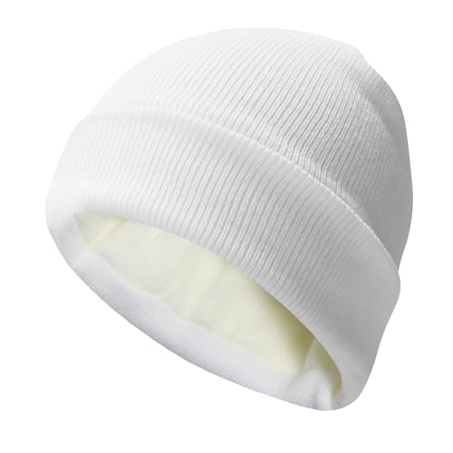 PFFY Beanie for Men Women Unisex Knit Cuffed Winter Thick Lined Beanies Hat - color: Pure White