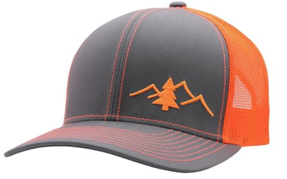 LINDO Trucker Hat [ Great Outdoors Design ] for Men and Women: Mid Profile Cap with Breathable Mesh Back and Adjustable Snap - color: Graphite/Orange