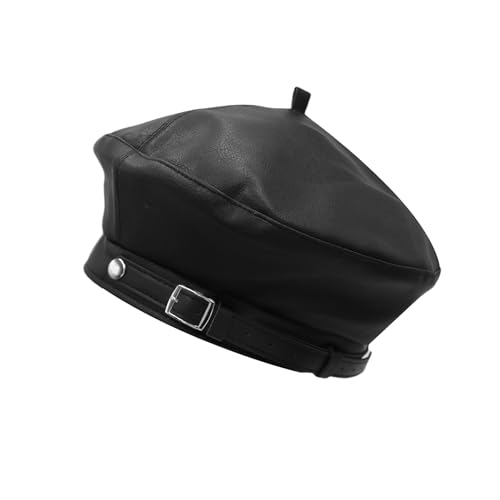 MINGSEECESS Women PU Leather French Black Beret Hat Causal Beanie Hat - color: Belt-black