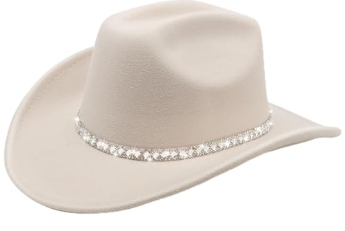 DRESHOW Western Cowboy Hat for Women and Men Wide Brim Glitter Cowboy Cowgirl Hat with Rhinestone Felt Fedora Hats - color: 1 Pack Style 10: Off-white