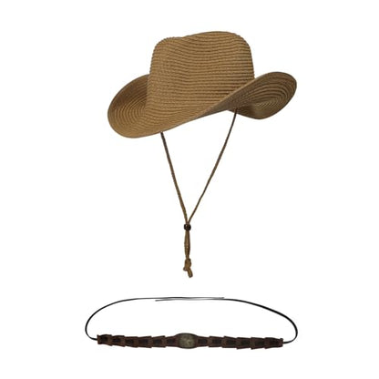 Unisex Straw Cowboy Hat Wide Brim Western Sun Hat Adjustable Beach Cowgirl Hat for Summer Outdoor Sun Protection - color: Khaki Color, Leather Hat Strap