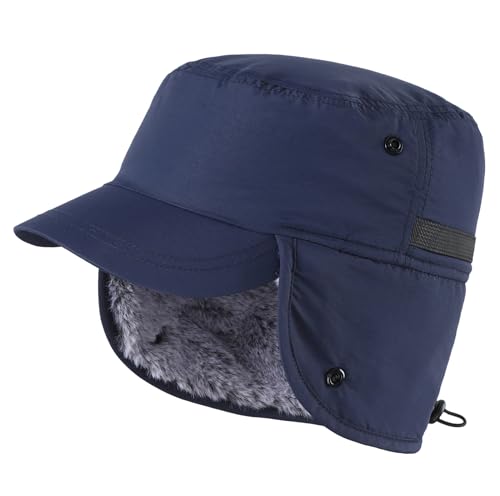 Connectyle Men's Winter Hat with Visor Warm Earflaps Hat Fully Lined Faux Fur Baseball Cap Trapper Hunting Hats - color: Navy