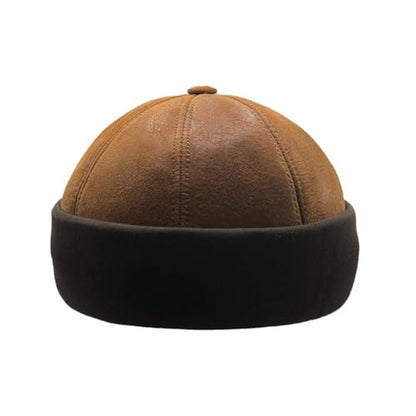 Lukkizara Winter Sheepskin Leather Fur Knit Beanie Cuff Round Bucket Winter Ski Docker Hat - color: Aged Cognag Rust