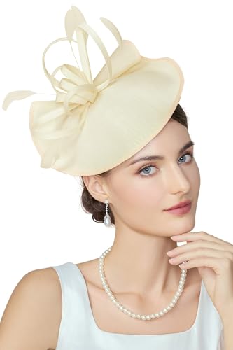BABEYOND Wide Linen Feather Derby Fascinators Hats for Women Tea Party Hat - color: Beige