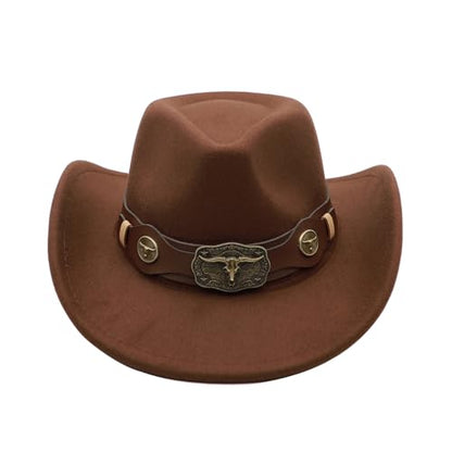 Western Cowboy Hat for Men Cowgirl Hat for Women Unisex Wide Brim Felt Fedora Hats Classic Cowboy Hats - color: Coffee