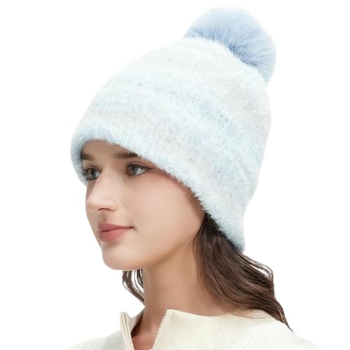 Women‘s Slouchy Knitted Beanie with Pom - Fleece Lined, Ribbed Cap with Stripes - color: Blue