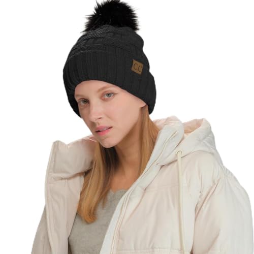 C.C Knit Beanie Hat – Fuzzy Fleece Lined Warm Winter Hat, Faux Fur Pom Soft Stretchy Slouchy Knit Cap, Cold Weather Beanie - color: Black / Black Pom