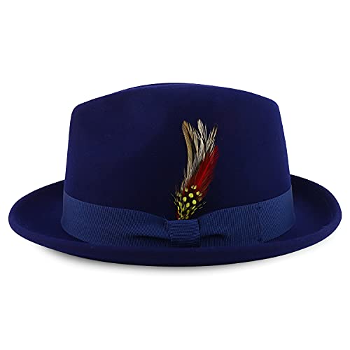 Armycrew Classic 100% Wool Felt Fedora with Feather Fits Upto 2XL - color: Navy, size: XX-Large