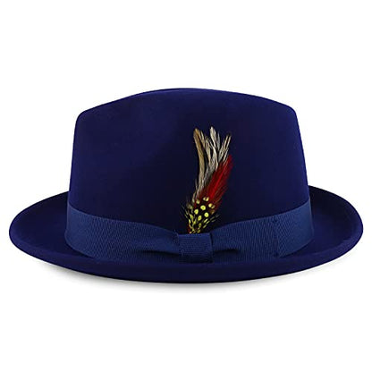 Armycrew Classic 100% Wool Felt Fedora with Feather Fits Upto 2XL - color: Navy, size: X-Large
