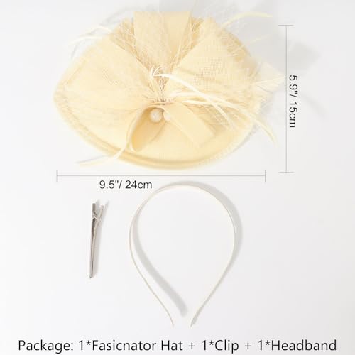 AQOKKA Women Fascinators Hats Flower Mesh Feathers Headband Clip - color: 1 Pc Feather Fascinators : Beige