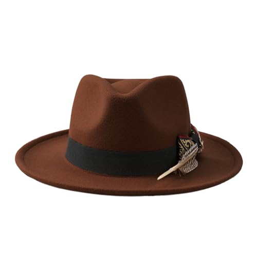 PURFUN Vintage Feather Felt Fedora Hat for Men Women Classic Short Brim Jazz Dance Party Wedding Trilby Bowler Panama Hat - color: Bow&feather/Coffee