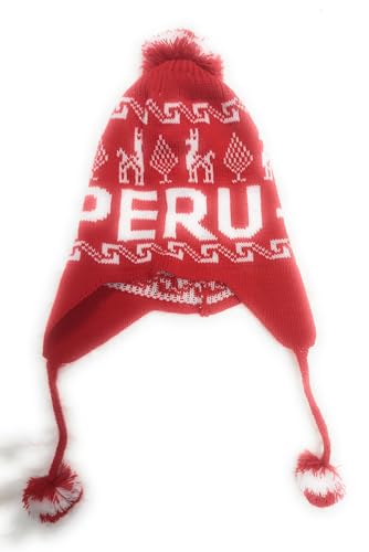 Peruvian Winter Knit Hat, Red and White, Traditional Llama Pattern, Pom Pom Earflap Design, Unisex
