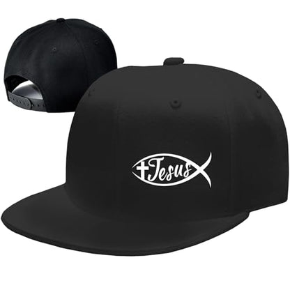 Flat Bill Hats for Men Black Snapback Hats for Men Adjustable Baseball Cap Fitted Cool Hip Hop Hat - color: Jesus Fish