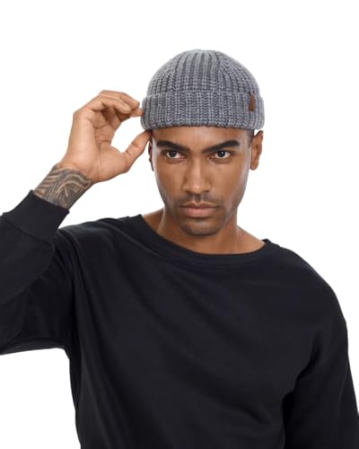 Chunky Wool Fisherman Short Beanie Hats Skull Cap for Men, Mens Thick Skater Streetwear Fishermans Beanie Daily Hat - color: Gray