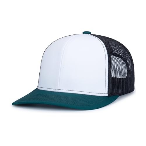 Pacific Headwear Contrast Stitch Trucker Snapback - color: White/Light Charcoal/Dark Teal