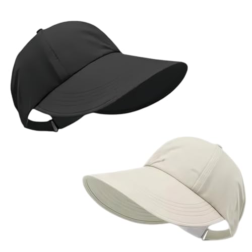 2 Pack UPF 50+ Sun Visor Hats for Women, Wide Brim Ponytail Baseball Cap, Foldable UV Protection Beach Hiking Hat White and Black