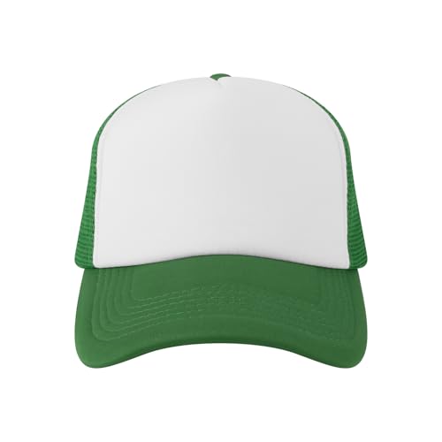 TOPTIE 5 Panel Foam Front Trucker Hat High Crown Mesh Back Snapback Cap - color: Green White