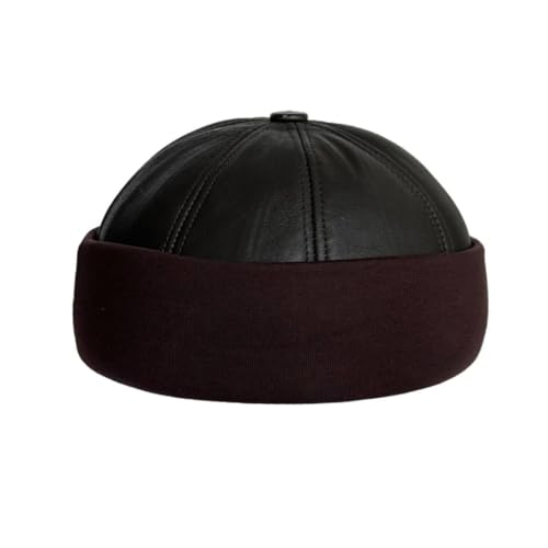 Lukkizara Winter Sheepskin Leather Fur Knit Beanie Cuff Round Bucket Winter Ski Hat - color: Dark Coffe
