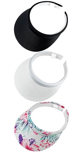 3 Pack Sports Sun Visor Hat Women Men Adjustable Clip On Visors Outdoor Golf Beach Cap - color: Black, White, Whiteflower