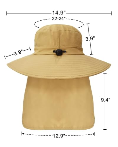 Outdoor Sun Hats with Stowable Neck Flap for Men Women UPF 50+ Mesh Summer Bucket Hat Wide Brim for Fishing Safari Hiking - color: Khaki