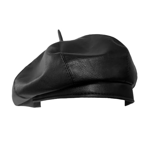 Women PU Leather French Beret Hat, 8-Panel Classic Artist Cap Causal Beanie Black, M